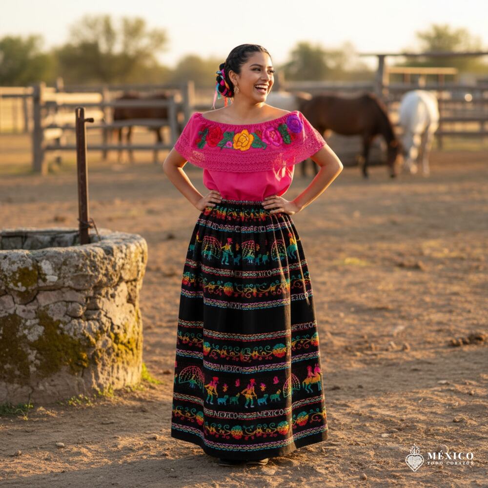 Traditional Mexican Floral Cambaya Dress Set – Handmade Three-Pieces